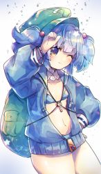 Rule 34 | 1girl, alternate costume, arm up, backpack, bag, blue hair, blush, breasts, brown eyes, closed mouth, green hat, hair bobbles, hair ornament, haruwaka 064, hat, highres, kawashiro nitori, long sleeves, looking away, navel, one eye closed, short hair, short twintails, small breasts, smile, solo, touhou, twintails