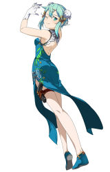 Rule 34 | 1girl, aqua eyes, aqua hair, arms up, ass, china dress, chinese clothes, double bun, dress, full body, gloves, gun, hair ornament, hairclip, handgun, holster, looking at viewer, official art, one eye closed, side slit, simple background, sinon, sleeveless, sleeveless dress, smile, solo, sword art online, thigh holster, weapon, white background, white gloves