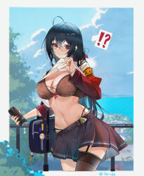 Rule 34 | !?, 1girl, absurdres, ahoge, azur lane, bag, bangs, black bra, black hair, black skirt, black thighhighs, blue sky, blurry, blurry background, blush, border, bra, breasts, can, cardigan, cleavage, clothes lift, commentary, energy drink, english commentary, feet out of frame, garter straps, glasses, highres, holding, holding can, large breasts, long hair, long sleeves, looking at viewer, mole, mole under eye, monster energy, nail polish, navel, ocean, official alternate costume, open cardigan, open clothes, open mouth, red cardigan, red eyes, red nails, school bag, school uniform, shirt, shirt lift, shoulder bag, single thighhigh, skirt, sky, solo, standing, stomach, string, sweat, taihou (azur lane), taihou (sweet time after school) (azur lane), teardrop, thighhighs, tree, tupolev-160 (artist), twitter username, underwear, white border, white shirt