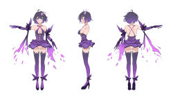 Rule 34 | 1girl, absurdres, back, blue eyes, blush, bob cut, breasts, character sheet, cleavage, closed mouth, concept art, dress, elbow gloves, full body, gloves, high heels, highres, honkai (series), honkai impact 3rd, looking at viewer, medium hair, panties, purple dress, purple footwear, purple gloves, purple hair, purple thighhighs, seele vollerei, simple background, smile, solo, tattoo, thighhighs, underwear, white background, white panties, xionghan de guangtou