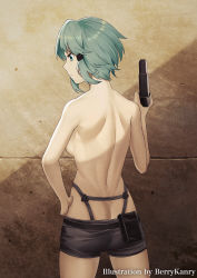 Rule 34 | 1girl, absurdres, aqua eyes, aqua hair, artist name, asada shino, ass, back, backboob, berrykanry, black shorts, breasts, butt crack, chinese commentary, commentary request, from behind, gun, hair ornament, hairclip, hand on own hip, handgun, highres, holding, holding gun, holding weapon, medium breasts, pistol, short hair, short shorts, shorts, sidelocks, solo, sword art online, topless, wall, weapon