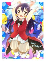 Rule 34 | 1girl, animal ears, arms up, balloon, blue hair, blush, commentary request, earrings, full body, gloves, hair between eyes, happy birthday, highres, jewelry, jumping, korekara no someday, long hair, looking at viewer, love live!, love live! school idol project, nagisa iori, open mouth, rabbit ears, smile, solo, sonoda umi, thighhighs, white gloves, white thighhighs, yellow eyes