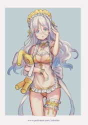 Rule 34 | aloniar, arm up, bare arms, bikini, blue eyes, blue hair, bow, breasts, cleavage, frills, gradient hair, long hair, looking at viewer, maid headdress, multicolored hair, navel, open mouth, original, raised eyebrows, solo, stuffed animal, stuffed toy, swimsuit, wavy hair, white hair