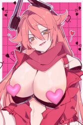 Rule 34 | 1girl, areola slip, blush, breasts, censored, checkered background, cropped jacket, flower-shaped hair, goddess of victory: nikke, heart, heart censor, highres, horns, jacket, large breasts, leather, leather jacket, long hair, looking at viewer, mechanical horns, miko (uuua12u), open mouth, red hair, red hood (nikke), red scarf, saliva, scarf, smile, unzipped, yellow eyes
