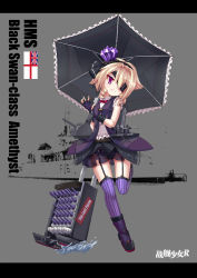 Rule 34 | 1girl, absurdres, amethyst (warship girls r), black skirt, blonde hair, bow, bowtie, breasts, cameltoe, cannon, character name, copyright name, depth charge, depth charge projector, drill hair, drill sidelocks, english text, eyebrows, eyepatch, fingerless gloves, frills, full body, garter belt, garter straps, gem, gloves, hairband, hedgehog anti-submarine mortar, highres, hms amethyst, letterboxed, looking to the side, machinery, military, military vehicle, number tattoo, official art, panties, parasol, photo background, pleated skirt, purple eyes, purple footwear, purple gemstone, purple gloves, purple panties, purple thighhighs, red bow, red bowtie, remodel (warship girls r), see-through, ship, shirt, shoes, short hair, sidelocks, sirills, skirt, sleeveless, small breasts, smokestack, solo, standing, standing on one leg, striped clothes, striped panties, striped thighhighs, tattoo, text focus, thighhighs, turret, umbrella, underwear, union jack, vertical-striped clothes, vertical-striped thighhighs, waistcoat, warship, warship girls r, water, watercraft, white ensign, white shirt