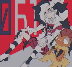 Rule 34 | 1boy, belt, bike shorts, black hair, boots, closed mouth, collarbone, commentary request, creatures (company), cropped jacket, eyeshadow, game freak, gen 5 pokemon, green eyes, grey eyeshadow, hands on own knees, highres, jacket, long hair, looking down, makeup, male focus, multicolored hair, nintendo, piers (pokemon), pokemon, pokemon (creature), pokemon swsh, red background, saku anna, scrafty, shirt, sitting, two-tone hair, white hair, white jacket