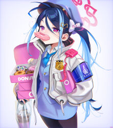 Rule 34 | 1girl, aa2mee, absurdres, blue archive, blue hair, commentary, cowboy shot, doughnut, drink, food, fubuki (blue archive), hair ornament, halo, heart, heart hair ornament, highres, jacket, long hair, long sleeves, mouth hold, multicolored hair, open clothes, open jacket, red eyes, red halo, solo, streaked hair, symbol-only commentary, twintails, white jacket