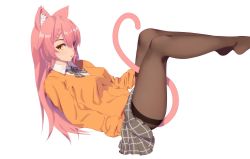 Rule 34 | 1girl, animal ear fluff, animal ears, between legs, bow, bowtie, braid, breasts, brown pantyhose, candy, cardigan, cat ears, cat girl, cat tail, copyright request, food, food in mouth, from side, grey bow, grey bowtie, grey skirt, highres, legs, legs up, lollipop, long hair, long sleeves, looking at viewer, looking to the side, lying, medium breasts, miniskirt, no shoes, on back, orange cardigan, orange eyes, pantyhose, pink hair, plaid, plaid bow, plaid bowtie, plaid neckwear, plaid skirt, simple background, skirt, solo, tail, thighband pantyhose, very long hair, white background, wing collar, xu ni