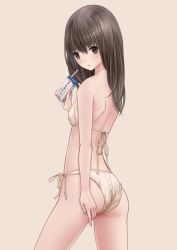 Rule 34 | 1girl, ass, back, bad id, bare arms, bare shoulders, bikini, black eyes, black hair, blush, breasts, chikuwa (glossymmmk), chikuwa (odennabe), cowboy shot, drink, drinking straw, from behind, from side, hair between eyes, hand on own ass, holding, juice box, long hair, looking at viewer, looking back, milk, open mouth, original, profile, side-tie bikini bottom, simple background, small breasts, solo, standing, swimsuit, white bikini
