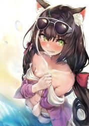 Rule 34 | 1girl, akieda, animal ear fluff, animal ears, black hair, blush, bow, breasts, cat ears, cat girl, cat tail, clothes pull, covering breasts, covering crotch, covering privates, day, eyewear on head, fang, green eyes, hair bow, highres, jacket, karyl (princess connect!), karyl (summer) (princess connect!), long hair, low twintails, medium breasts, multicolored hair, ocean, open mouth, outdoors, princess connect!, revision, shorts, shorts pull, solo, streaked hair, sunglasses, sunglasses on head, sweat, tail, thigh strap, twintails, underboob, water, wet, white hair, white shorts