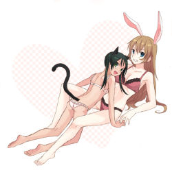 Rule 34 | 2girls, animal ears, arm support, armpits, ass, back, bad id, bad pixiv id, barefoot, between legs, black hair, blue eyes, blush, bra, brown hair, cat ears, cat girl, cat tail, charlotte e. yeager, clenched teeth, dark-skinned female, dark skin, fang, feet, female focus, francesca lucchini, green eyes, green hair, heart, holding hands, kneeling, legs, lingerie, long hair, looking at viewer, looking back, lying, midriff, multiple girls, open mouth, panties, rabbit ears, rabbit girl, red bra, red panties, smile, strike witches, tail, teeth, twintails, underwear, underwear only, white bra, white panties, world witches series, yuri, zbura