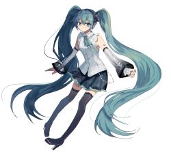 Rule 34 | 1girl, black footwear, black skirt, black thighhighs, boots, bow, closed mouth, collared shirt, commentary request, danjou sora, detached sleeves, full body, green bow, green eyes, green hair, hair between eyes, hatsune miku, hatsune miku (nt), high heel boots, high heels, long hair, long sleeves, looking at viewer, pleated skirt, see-through, see-through sleeves, shirt, simple background, skirt, sleeveless, sleeveless shirt, sleeves past wrists, solo, thigh boots, thighhighs, twintails, very long hair, vocaloid, white background, white shirt, wide sleeves