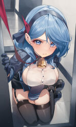 Rule 34 | 1girl, absurdres, ako (blue archive), bell, black gloves, black skirt, black thighhighs, blue archive, blue coat, blue eyes, blue hair, blue hairband, blue jacket, blush, breasts, coat, collar, cowbell, earrings, garter straps, gloves, hair between eyes, hairband, half gloves, highres, jacket, jewelry, kerno, large breasts, leash, long hair, long sleeves, looking at viewer, miniskirt, neck bell, red ribbon, ribbon, seiza, sideboob, sitting, skirt, solo, stud earrings, thighhighs