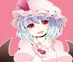 Rule 34 | 1girl, bad id, bad pixiv id, bat wings, blood, blood on hands, blue hair, commentary request, dress, fang, female focus, hammer (sunset beach), hat, hat ribbon, looking at viewer, open mouth, pink background, pink dress, red eyes, remilia scarlet, ribbon, smile, solo, touhou, upper body, wings