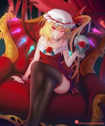 Rule 34 | &gt;:), 1girl, alternate costume, artist name, bare shoulders, black thighhighs, blonde hair, breasts, closed mouth, collarbone, crossed legs, crystal, curtains, dress, fang, fang out, feet out of frame, flandre scarlet, flower, frills, hat, hat ribbon, head tilt, highres, holding, indoors, long hair, looking at viewer, mob cap, nuenya, off-shoulder dress, off shoulder, one side up, red dress, red flower, red ribbon, red rose, ribbon, rose, short dress, skull, small breasts, smile, solo, thighhighs, throne, touhou, v-shaped eyebrows, watermark, web address, white hat, wings, wrist cuffs