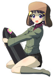 Rule 34 | 10s, 1girl, ammunition, black skirt, black socks, blue eyes, brown hair, from side, full body, fur hat, girls und panzer, green jacket, hat, highres, holding, jacket, long sleeves, looking at viewer, miniskirt, nina (girls und panzer), no shoes, open mouth, pleated skirt, red shirt, school uniform, shell (projectile), shirt, short hair, short twintails, simple background, skirt, smile, socks, solo, straddling, sw (taco), turtleneck, twintails, twitter username, ushanka, white background