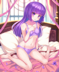 Rule 34 | 10s, 1girl, aikatsu!, aikatsu! (series), arm at side, arm support, bad id, bad pixiv id, barefoot, bed, bikini, blanket, blunt bangs, blush, bow, bow bra, bow panties, bra, bracelet, breasts, collarbone, curtains, eyebrows, eyelashes, flower, groin, head tilt, highres, hikami sumire, indoors, jewelry, kaina (tsubasakuronikuru), lace, lace-trimmed bra, lace-trimmed panties, lace trim, long hair, looking at viewer, on bed, panties, parted lips, petals, pillow, pink bow, pink ribbon, polka dot, polka dot bra, polka dot panties, purple bikini, purple bra, purple eyes, purple flower, purple hair, ribbon, ribs, sitting, small breasts, solo, stomach, swimsuit, underwear, underwear only, violet (flower), wariza, window