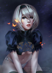Rule 34 | 1girl, black thighhighs, blue eyes, breasts, cleavage, embers, eyelashes, freckles, hair between eyes, hairband, highres, looking at viewer, medium breasts, mole, mole under mouth, nier (series), nier:automata, no blindfold, panties, parted lips, prywinko, puffy short sleeves, puffy sleeves, short hair, short sleeves, side-tie panties, sitting, solo, thighhighs, underwear, white hair, white panties, 2b (nier:automata)