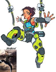 Rule 34 | 1girl, apex legends, artist name, black gloves, blue shirt, brown eyes, brown hair, commentary, conduit (apex legends), elbow gloves, electricity, english commentary, fingerless gloves, frown, gloves, grey pantyhose, hair behind ear, highres, jumping, mechanical legs, open hands, pantyhose, photo-referenced, photo inset, real life, shirt, simple background, solo, thekittlekat, tobey maguire, white background