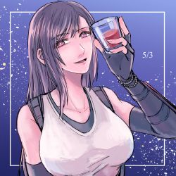 Rule 34 | 1girl, bare shoulders, black bra, black gloves, black hair, blue background, border, bra, breasts, cup, dated, elbow gloves, final fantasy, final fantasy vii, final fantasy vii remake, fingerless gloves, gloves, highres, holding, holding cup, large breasts, looking at viewer, nnnmmg0725, parted lips, red eyes, shirt, sleeveless, sleeveless shirt, smile, solo, sports bra, suspenders, tifa lockhart, underwear, upper body, white shirt