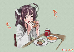 Rule 34 | 1girl, ahoge, blush, bowl, brown eyes, brown hair, commentary request, dated, food, food request, green background, hands up, headgear, holding, holding food, japanese clothes, kimono, lamb (hitsujiniku), long sleeves, looking at viewer, obi, plate, sash, simple background, solo, table, touhoku kiritan, two side up, upper body, voiceroid, white kimono, wide sleeves