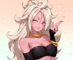 Rule 34 | 1girl, absurdres, android 21, black sleeves, blue eyes, bracelet, breasts, choker, cleavage, closed mouth, colored skin, detached sleeves, dragon ball, dragon ball fighterz, earrings, hair between eyes, highres, hoop earrings, jewelry, large breasts, lips, long hair, looking at viewer, majin android 21, one eye closed, pea-bean, pink skin, pointy ears, red background, ring, salute, smile, solo, two-finger salute, white hair, wink, yellow choker
