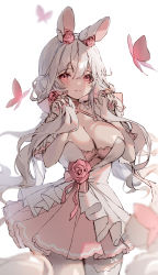 Rule 34 | 1girl, animal ears, bad id, bad twitter id, blush, breasts, bug, butterfly, cleavage, closed mouth, fingernails, flower, hair flower, hair ornament, highres, holding, holding hair, insect, large breasts, long hair, looking at viewer, low twintails, nail polish, original, pink eyes, pink flower, pink nails, pink rose, pink skirt, rabbit ears, rabbit girl, red eyes, rose, shiro albino, simple background, skirt, solo, twintails, very long hair, white background, white hair