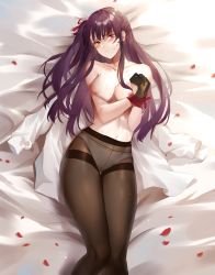 Rule 34 | 1girl, absurdres, bad id, bad pixiv id, black pantyhose, blush, bound, bound wrists, breasts, collarbone, crotch seam, from above, girls&#039; frontline, gloves, hair ribbon, half updo, high-waist pantyhose, highres, large breasts, long hair, looking at viewer, lying, meng ziya, nipples, on back, one side up, pantyhose, petals, purple hair, red eyes, red ribbon, ribbon, shirt, unworn shirt, solo, sweat, thighband pantyhose, topless, tsurime, v-shaped eyebrows, very long hair, wa2000 (girls&#039; frontline), white shirt