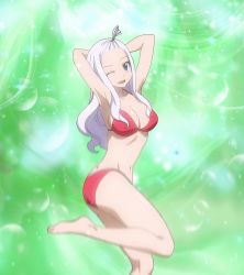 Rule 34 | 1girl, anime screenshot, arm up, armpits, arms behind head, barefoot, bikini, blue eyes, breasts, cleavage, fairy tail, feet, highres, kodansha, large breasts, looking at viewer, mirajane strauss, navel, one eye closed, open mouth, screencap, smile, stitched, swimsuit, third-party edit, white hair, wink