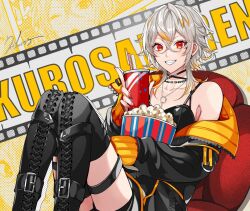 Rule 34 | 1girl, black footwear, blonde hair, boots, commentary, cross-laced footwear, food, grey hair, grin, indie virtual youtuber, jacket, jewelry, kurosaki ren (vtuber), long hair, matsurika youko, milkshake, necklace, open clothes, open jacket, popcorn, red eyes, red nails, smile, solo, symbol-only commentary, thigh boots, virtual youtuber