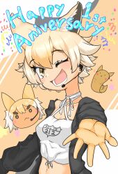 Rule 34 | 1girl, absurdres, animal costume, animal ear fluff, animal ears, anniversary, black jacket, blonde hair, coyopotato, coyote (kemono friends), extra ears, gloves, highres, jacket, kemono friends, kemono friends v project, microphone, navel, one eye closed, open mouth, orange ardy1203, short hair, smile, virtual youtuber, wolf costume, wolf ears, wolf girl, yellow eyes, yellow gloves