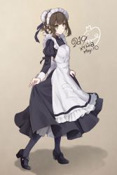 Rule 34 | 1girl, 2019, apron, artist name, black dress, black footwear, black pantyhose, black ribbon, breasts, brown background, brown hair, bun cover, character request, commentary request, copyright request, dated, dress, frilled apron, frills, full body, green eyes, hair bun, hair ribbon, juliet sleeves, long sleeves, looking at viewer, maid, maid apron, maid day, maid headdress, mary janes, medium breasts, pantyhose, petticoat, pocket, puffy sleeves, ribbon, shadow, shoes, short hair, sidelocks, signature, simple background, single hair bun, skirt hold, solo, standing, syuri22, white apron