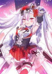 Rule 34 | 1girl, alternate costume, azur lane, blush, breasts, commentary request, dress, fang, hair between eyes, hair ribbon, highres, idol, ittokyu, long hair, looking at viewer, red eyes, ribbon, silver hair, skirt, small breasts, smile, solo, twintails, vampire (azur lane), very long hair