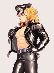 Rule 34 | 1boy, abs, alternate costume, belt, biker clothes, blonde hair, forked eyebrows, gloves, hat, highres, jacket, kimetsu no yaiba, leather, leather gloves, leather jacket, leather pants, male focus, marotoskin, multicolored hair, muscular, muscular male, navel, nipples, open clothes, open shirt, orange eyes, pants, pectorals, rengoku kyoujurou, solo, thick eyebrows, two-tone hair