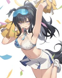 Rule 34 | 1girl, ahoge, animal ears, arm up, armpits, black hair, blue archive, blue eyes, blush, breasts, cleavage, confetti, crop top, dog ears, dog tail, goggles, goggles on head, halo, hibiki (blue archive), hibiki (cheer squad) (blue archive), holding, holding pom poms, kildir, looking at viewer, medium breasts, midriff, millennium cheerleader outfit (blue archive), miniskirt, navel, official alternate costume, open mouth, pom pom (cheerleading), pom poms, ponytail, shoes, simple background, skirt, solo, tail, white background, white footwear