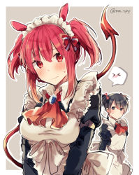 Rule 34 | &gt; &lt;, 1boy, 1girl, animal ears, apron, bad id, bad pixiv id, blush, bow, breasts, closed eyes, crossdressing, demon tail, embarrassed, grey eyes, hair bow, ikeuchi tanuma, long sleeves, looking at another, maid, maid apron, maid headdress, medium breasts, original, pink hair, red eyes, short twintails, sidelocks, spoken blush, sweatdrop, tail, twintails, twitter username, wavy mouth