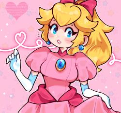 Rule 34 | 1girl, blonde hair, blue eyes, bow, brooch, dress, earrings, elbow gloves, gloves, hair bow, heart, highres, iamfixated, jewelry, looking at viewer, mario (series), nintendo, official alternate hairstyle, pink bow, pink dress, ponytail, princess peach, princess peach: showtime!, puffy short sleeves, puffy sleeves, short sleeves, solo, sphere earrings, upper body, white gloves