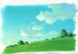 Rule 34 | blue sky, border, cloud, day, grass, green theme, highres, hill, original, outdoors, sawitou mizuki, sky, traditional media, white border