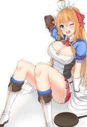 Rule 34 | 1girl, absurdres, ahoge, arm behind head, bad id, bad pixiv id, blue eyes, blue socks, blush, boots, braid, breasts, cleavage, commentary request, cream, cream on face, food, food on face, frills, frying pan, gloves, hair between eyes, hair ornament, hair ribbon, highres, knee boots, kneehighs, large breasts, long hair, looking at viewer, open mouth, orange hair, pecorine (princess connect!), pleated skirt, princess connect!, red ribbon, red skirt, ribbon, simple background, sitting, skirt, smile, socks, solo, suggestive fluid, tiara, very long hair, white background, white footwear, white gloves, xubai