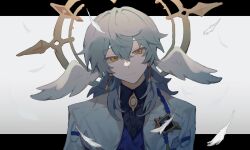 Rule 34 | 1boy, black border, black shirt, blue hair, blue vest, border, brooch, closed mouth, collared shirt, earrings, falling feathers, feathers, gradient background, grey background, grey hair, hair between eyes, halo, halo behind head, head tilt, head wings, highres, honkai: star rail, honkai (series), inagoinaire, jacket, jewelry, letterboxed, looking at viewer, male focus, medium hair, multicolored hair, open clothes, open jacket, outside border, shirt, simple background, smile, solo, sunday (honkai: star rail), upper body, vest, white background, white feathers, white jacket, white wings, wing collar, wings, yellow eyes