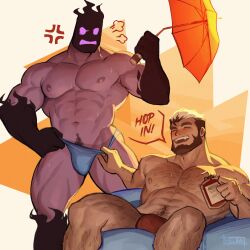 Rule 34 | 2boys, abs, absurdres, artist name, bara, beard, blonde hair, brown hair, bulge, closed eyes, english text, facial hair, grey male swimwear, helbai, highres, large pectorals, looking at another, male focus, male swimwear, multicolored hair, multiple boys, muscular, muscular male, navel, nipples, open mouth, original, pectorals, red male swimwear, sitting, smile, thick thighs, thighs, two-tone hair