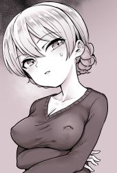 Rule 34 | 1girl, aomushi (mushamusha), blush, breasts, covered erect nipples, darjeeling (girls und panzer), female focus, girls und panzer, highres, looking at viewer, medium breasts, parted lips, solo, sweater, upper body