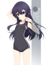 Rule 34 | 1girl, akatsuki (kancolle), alternate color school swimsuit, artist name, black one-piece swimsuit, character name, collarbone, covered navel, cowboy shot, hair between eyes, highres, inaba shiki, kantai collection, long hair, messy hair, new school swimsuit, one-piece swimsuit, purple eyes, purple hair, school swimsuit, solo, striped clothes, striped one-piece swimsuit, swimsuit, vertical-striped clothes, vertical-striped one-piece swimsuit, white background