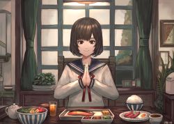 Rule 34 | 1girl, akainoda, bowl, brown hair, cup, curtains, dated, drink, drinking glass, egg, egg (food), food, food request, fried egg, glass, highres, indoors, meat, mug, original, own hands together, picture frame, plant, plate, potted plant, rice, school uniform, serafuku, short hair, smile, table, teapot, upper body, window