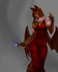 Rule 34 | 1girl, absurdres, animal ears, animal hands, bat wings, breasts, brown hair, cat ears, dark-skinned female, dark skin, dress, ear piercing, flower, fur, highres, jewelry, large breasts, less, lips, long dress, long hair, low wings, manticore (monster girl encyclopedia), monster girl, monster girl encyclopedia, necklace, nose, parted lips, piercing, red dress, rose, solo, tail, tail ornament, wings