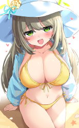 Rule 34 | 1girl, absurdres, bikini, blue archive, blue jacket, breasts, cleavage, collarbone, flower, front-tie bikini top, front-tie top, green eyes, hat, hat flower, heart, heart-shaped pupils, highres, jacket, large breasts, light brown hair, long hair, looking at viewer, navel, nonomi (blue archive), nonomi (swimsuit) (blue archive), okura-chan (at nya5), side-tie bikini bottom, sitting, smile, solo, sun hat, swimsuit, symbol-shaped pupils, very long hair, white hat, yellow bikini, yellow flower