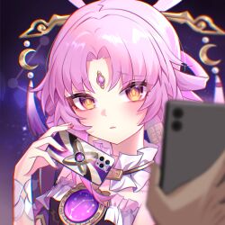 Rule 34 | 1girl, bare shoulders, blush, bow-shaped hair, cellphone, dress, embarrassed, fingernails, forehead jewel, fu xuan (honkai: star rail), hair ornament, hair stick, highres, holding, holding phone, honkai: star rail, honkai (series), hypnosis, jewelry, long hair, looking at viewer, low twintails, mind control, parted bangs, parted lips, phone, pink hair, pink nails, pink tassel, pov, pov hands, smartphone, solo focus, tassel, tassel hair ornament, twintails, upper body, very long hair, xiao xiao chuan, yellow eyes