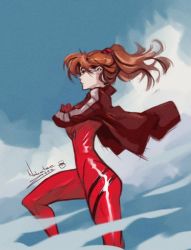 Rule 34 | 1girl, artist request, ass, blue sky, breasts, crossed arms, floating hair, jacket, nabetse zitro, neon genesis evangelion, orange hair, plugsuit, shiny clothes, sideboob, signature, sky, souryuu asuka langley, twintails, wide hips