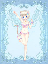 Rule 34 | 1girl, animal ears, anklet, artist request, barefoot, bell, neck bell, bikini, blonde hair, blue eyes, border, breasts, cat ears, cat tail, collar, jewelry, necklace, psychic hearts, short hair, simple background, solo, star (symbol), swimsuit, tail, tisse palmier