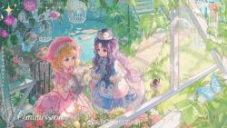 2girls :o birdcage blonde_hair blue_eyes bubble bug butterfly cage chair commentary commission copyright_request crown dress english_text flower grass hair_ornament hat headwear_request highres insect leaf long_hair looking_at_another looking_to_the_side maccha_(mochancc) multiple_girls outdoors parted_bangs pink_dress pink_flower plant pond purple_eyes purple_hair rock rose stairs star_(symbol) symbol-only_commentary table water watering_can weibo_watermark